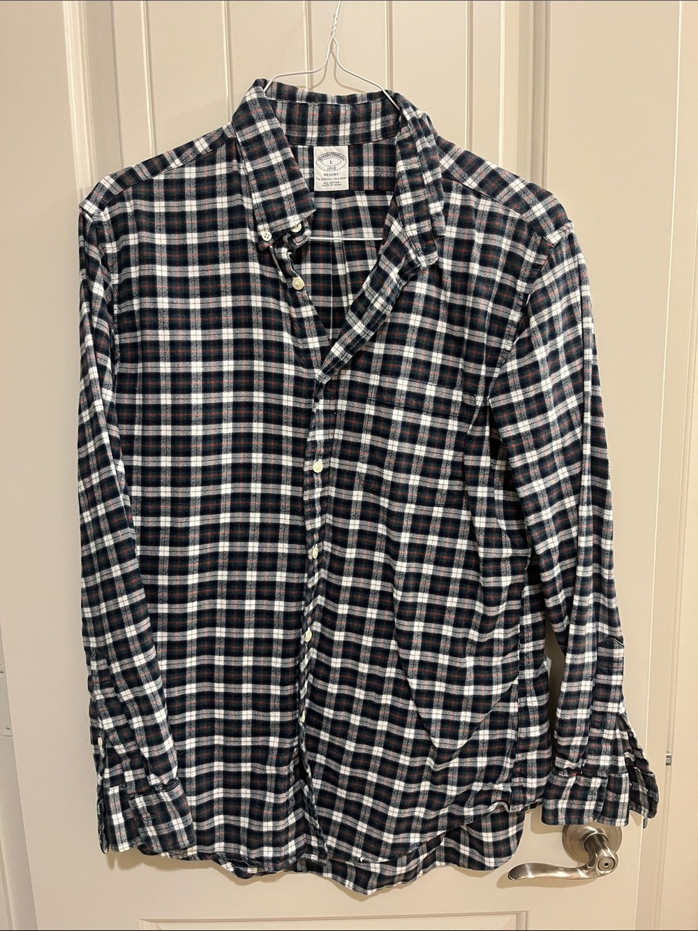 Brooks Brothers Black, White, Green and Navy Plaid Button-Down Shirt
